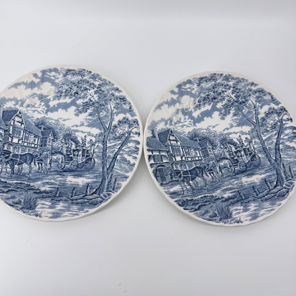 Royal Wessex Dinner Plates 10in English Village Ironstone Blue White Set of 2